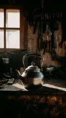unfinished. An unfinished silver teapot with hammered texture resting on a gilded workbench. safety posters, maintenance manuals, designed for industrial assembly lines and welding operations.
