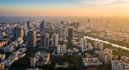 Fototapeta premium Dramatic City Skyline at Sunset Over Modern High Rise Buildings