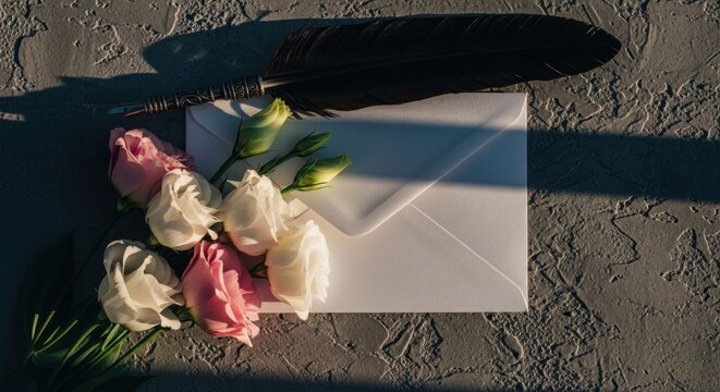 Still life white envelope with flowers & feather on a textured surface