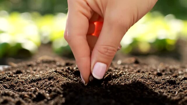 Close up of a hand planting a seed in soil.
