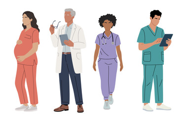 Obraz premium Set of healthcare professionals, including a pregnant nurse and doctors in scrubs and lab coat, standing side-by-side. Minimalist flat vectcor illustration isolated on transparent background.