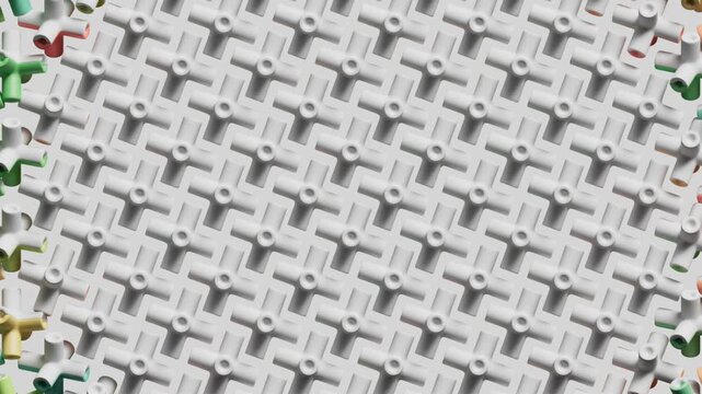 This seamless video loop features a dynamic 3D pattern of interlocking plastic parts. Shifting colors and geometric depth create an engaging motion background.