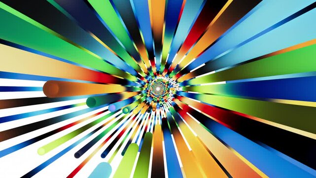 A fast video flight through a tunnel of bright blue and green lines. The kaleidoscope effect creates a powerful 3D motion background. 3D render motion.