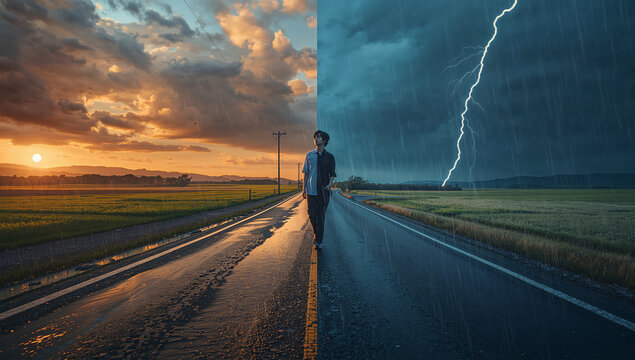 夕暮れの田舎道で日本人男性が左右の天候の狭間を歩く