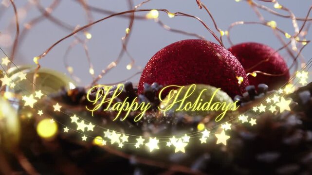 Animation of text, happy holidays, in yellow, over string lights and christmas decorations