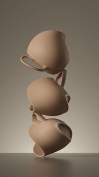 Brown and tan cups balance on top of each other while rolling. The earthy colors give this vertical animation a natural and cozy feel. 3D render motion.