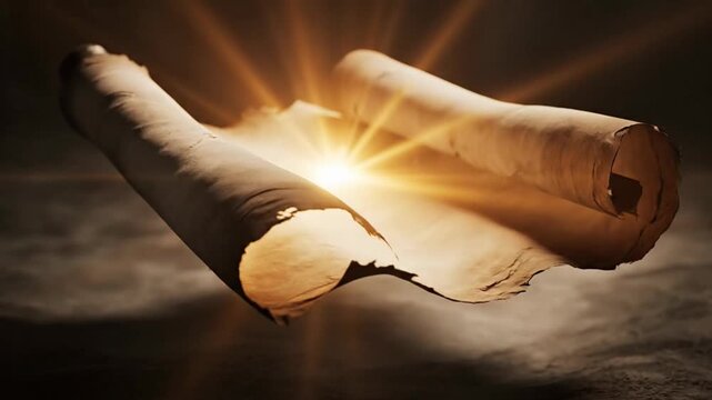 Ancient parchment scroll with magical glowing light on dark background