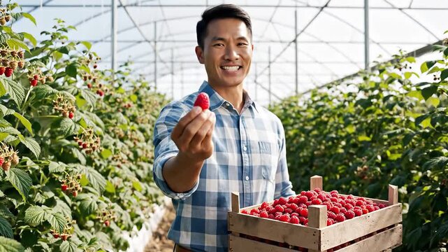 Smiling Asian farmer proudly presents a freshly picked ripe raspberry while holding a wooden crate full of berries in a modern greenhouse farm.