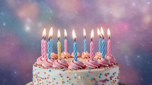 A birthday cake with lit candles and colorful sprinkles against a starry night background for celebrations