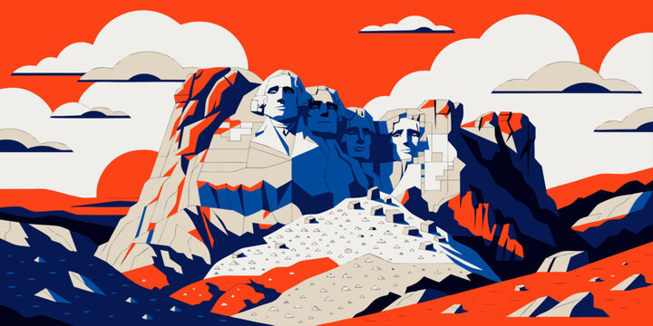 USA, US, U.S, United States - Mount Rushmore at sunset, dramatic shadows on rock, ultra-wide flat vector illustration 
