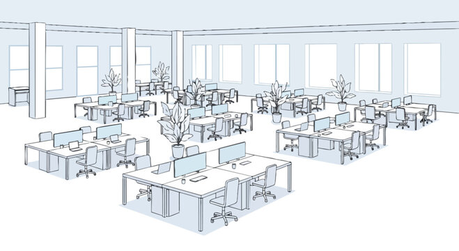 A modern office interior with a flat 2D layout, featuring rows of desks with computers and chairs, arranged horizontally with ample copy space.