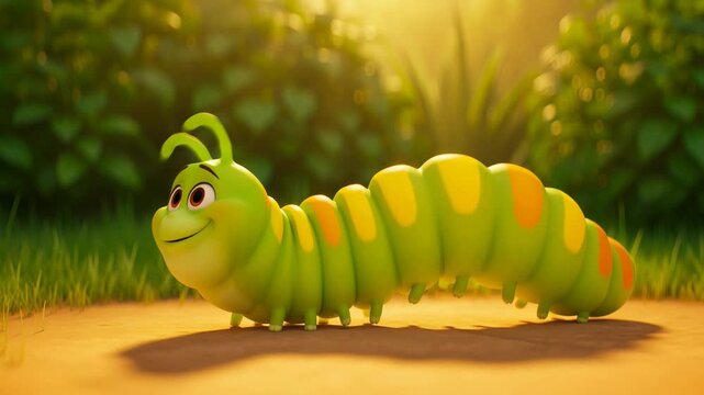Happy animated caterpillar crawling in sunny nature environment for childrens educational content