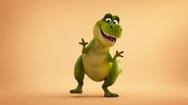 Happy cartoon t rex dinosaur cheerful and dancing animation on a simple light brown background for childrens educational material