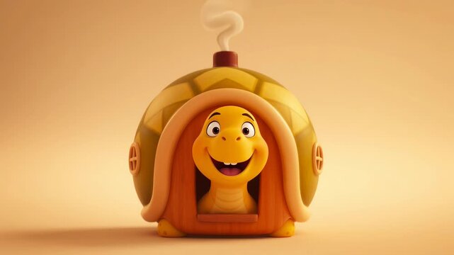 Happy cartoon turtle character in unique mobile home with chimney against isolated background seamless looping animation for children