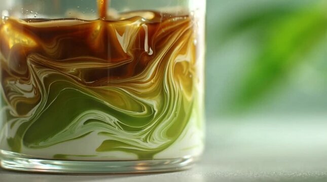 Dynamic pour of rich dark coffee beautifully swirling into creamy white milk and vibrant green matcha tea, creating an artistic layered beverage in a clear glass for a refreshing drink