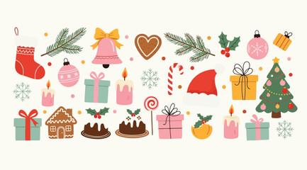 Christmas icons and objects including presents, tree, stocking, and treats on cream background for holiday decoration and design