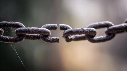 Fototapeta premium disconnected. Broken chain links with disconnected ends, minimalist metal texture symbolizing separation. wellbeing guides. 