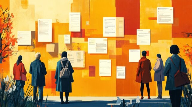 People stand in front of a wall with many papers.