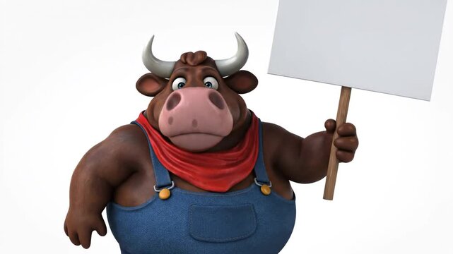 Cartoon bull running with blank protest sign on white