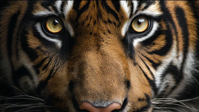 A close-up video of a tiger's face showing its intense eyes