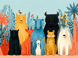 Fototapeta premium Wild Animals Gathering A Colorful Display of Tigers Lions Elephants and More in a Vibrant Nature Scene