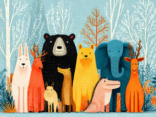 Fototapeta premium Wild Animals Gathering A Colorful Assembly of Tiger Lion Elephant and Bear in a Vibrant Forest Setting