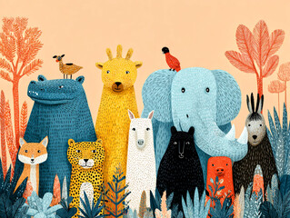 Fototapeta premium Wild Animal Gathering Tigers Lions Elephants and Leopards in a Vibrant Forest Scene