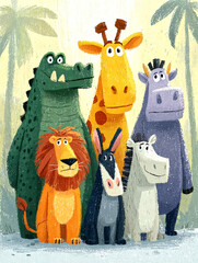 Fototapeta premium Wild Animals Parade Fun Safari Adventure with Tiger Lion Giraffe