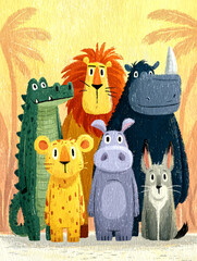 Fototapeta premium Wild Animals Portrait Lion Leopard and Elephant in Jungle Setting Colorful Illustration Playful Concept