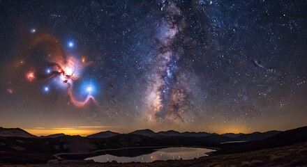 Majestic panoramic view of the cosmic Milky Way galaxy and a vibrant star-forming nebula above a serene mountain lake at night.