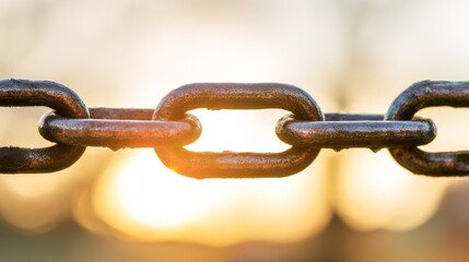Obraz premium liberation. Broken metal chain links against a sunrise background with golden light. wellbeing guides, coaching materials, designed for coaching and self-improvement content. 