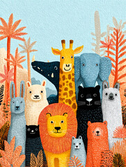 Fototapeta premium Wild Animals Gathering Tiger Lion Elephant and More in a Colorful Jungle Scene