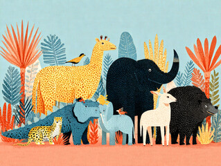 Fototapeta premium Wild Animals Encounter Tiger Elephant Leopard and Giraffe in Vibrant Jungle Setting Colorful Illustration Creative Viewpoint