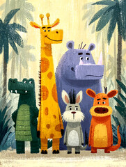 Fototapeta premium Wild Animals Adventure Exploring the Jungle with Tigers Lions and Giraffes in a Colorful Cartoon Setting