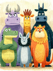 Fototapeta premium Wild Animals Gather A Colorful Encounter with a Lion Tiger and E