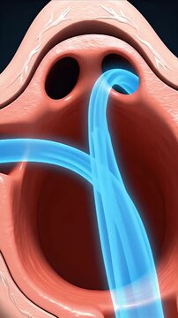 Close-up view of laminar airflow simulation through the nasal cavity showing smooth blue streams entering the nostrils with detailed internal anatomy in a scientific medical animation