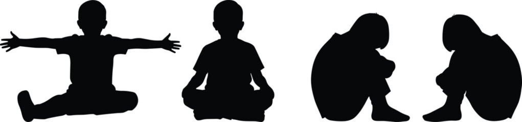 Set of Four Sitting Child Silhouettes Including Boy Stretching and Girl Crying Representing Various Childhood Emotions and Physical Development Activities