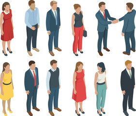 Obraz premium Business people flat vector illustration set with corporate professionals standing and handshake isolated on white background