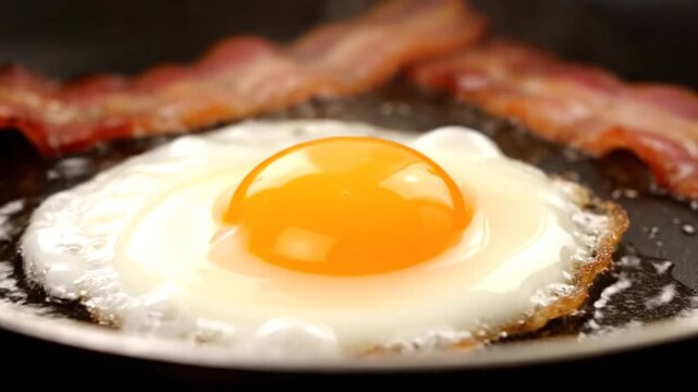 Close-up shot of a freshly fried egg with crispy bacon cooking in a pan, perfect for breakfast and brunch menus