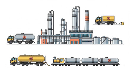 Industrial Factory with Trucks and Trains. © Den