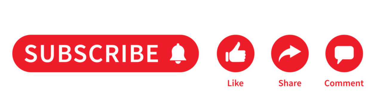 Subscribe button with notification bell and like share comment icons set red social media interface elements for channel promotion online marketing engagement isolated