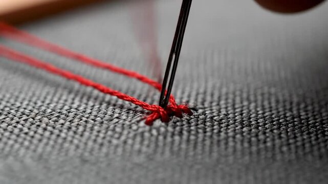 Close-up of a person sewing with a needle and red thread on fabric, illustrating the stitching process in a sequence of steps from start to finish.