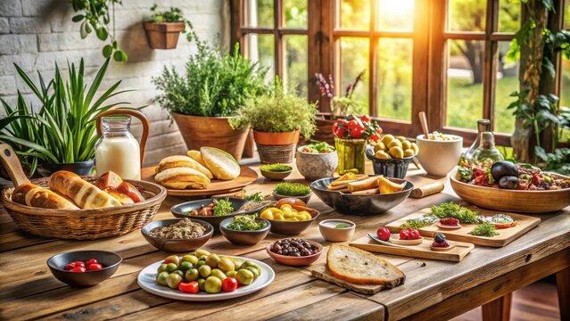 Abundant rustic farmhouse table laden with a variety of freshly baked bread, an assortment of colorful fruits, vegetables, and savory dishes, bathed in warm sunlight streaming through a nearby window