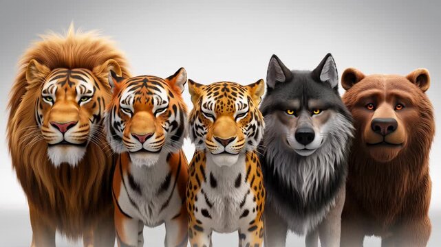 Majestic cartoon animals lion tiger jaguar wolf and bear standing together against a plain background video clip