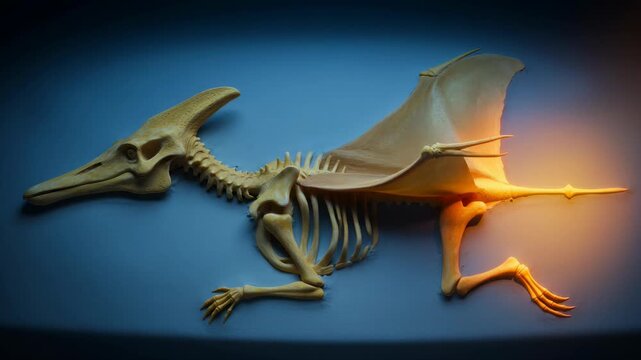 Pterodactyl skeleton fossil illuminated against blue background jurassic paleontology study fossilized remains exhibit prehistoric fossil discovery science