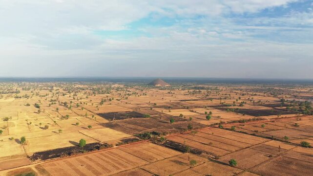 Wide aerial shot of dry agricultural fields with scattered trees and Phnom Sampov hill in the distance, Battambang, Cambodia.