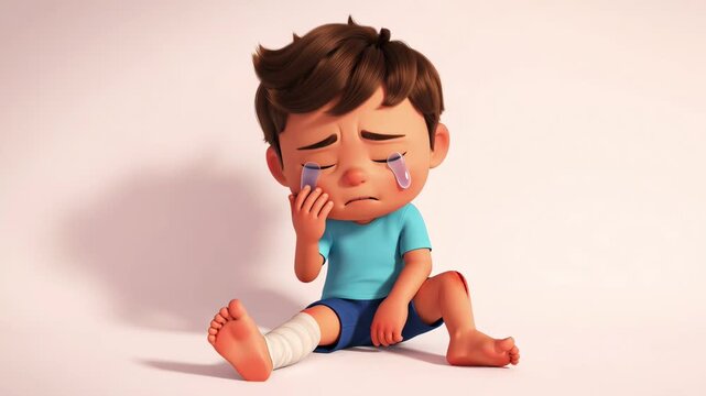 Sad animated boy crying with injured leg wound expressing painful emotion showing tears in 3d rendering art