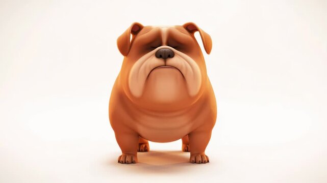 Sad cartoon bulldog character standing still in neutral background depicting emotions and expressing melancholy animated render of domestic pet