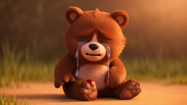 Sad cartoon brown bear crying with a bleeding paw feeling pain and loneliness in an outdoor environment during sunset