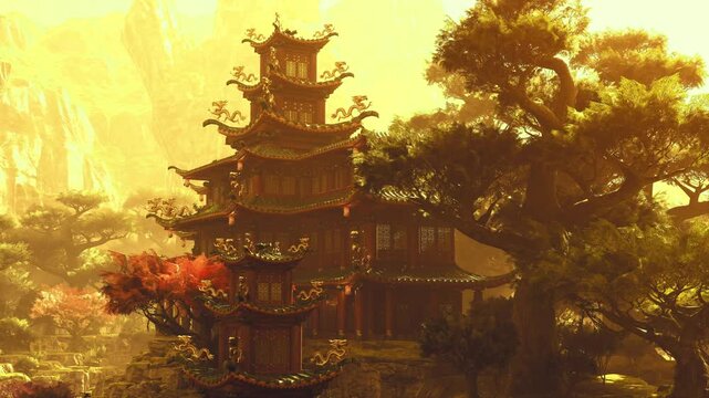 Nestled amidst lush greenery, a traditional Chinese pagoda stands majestically against a golden backdrop. This serene setting captures the essence of nature and historic architecture during sunset.